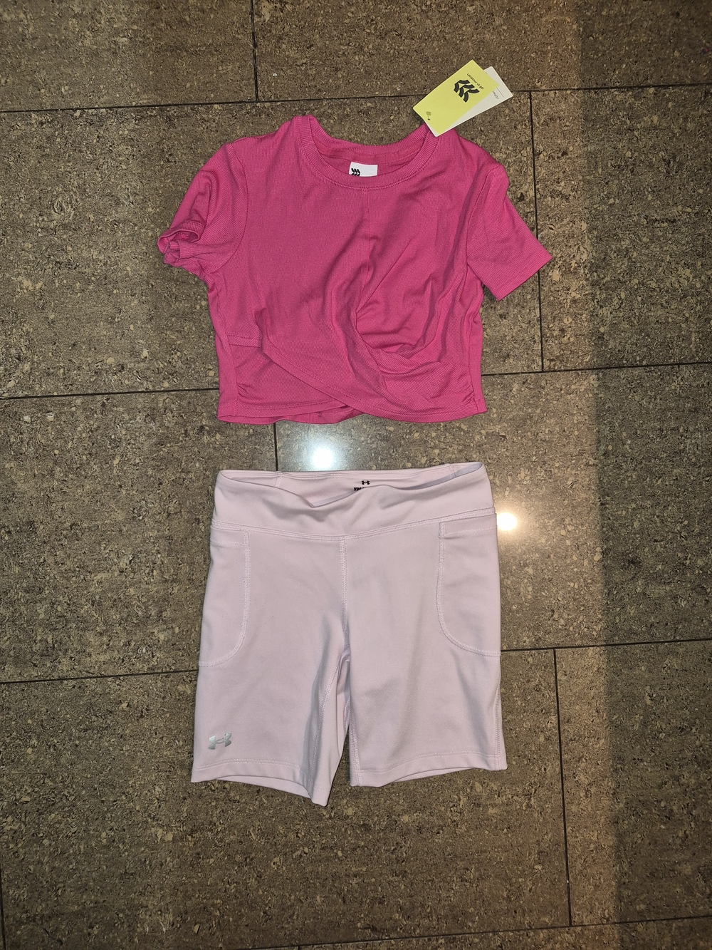 Pink Cropped Tee & Light Pink Under Armour Bike Shorts Set